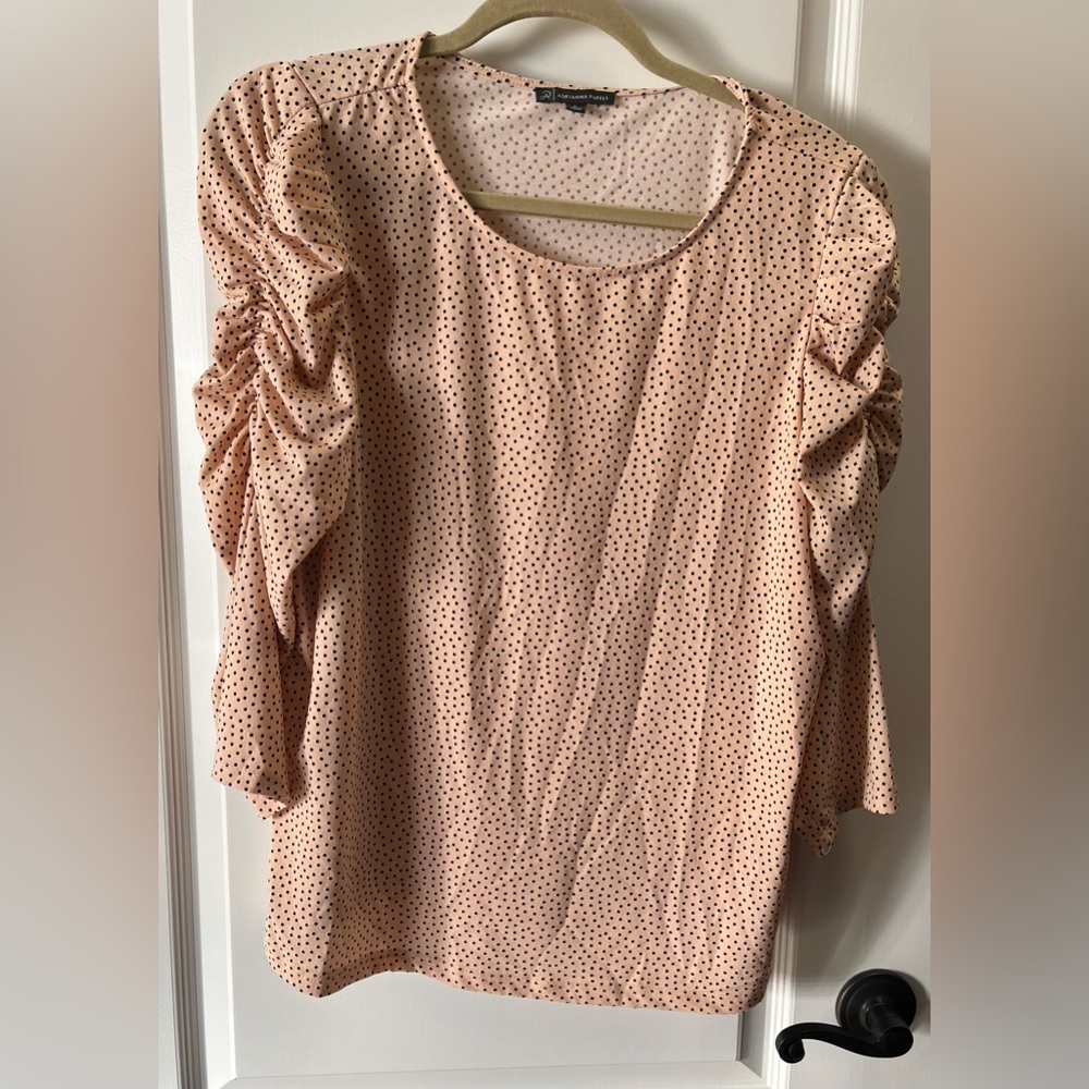 Adrianna Papell Ruched Sleeve Peach Blouse With Black Polka Dots Size Large